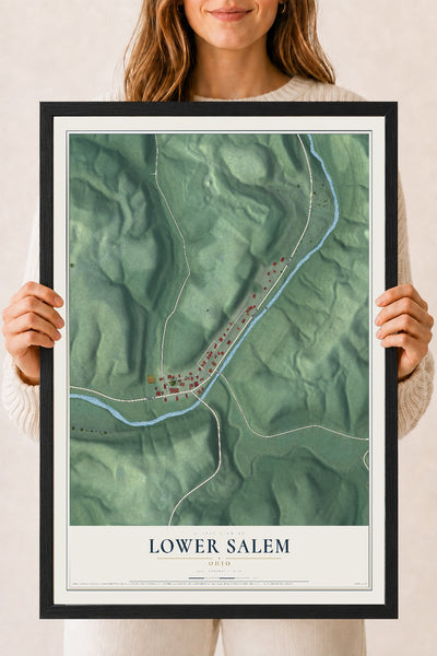 Map of Lower Salem, Ohio, 18 x 24 inch print in a black wood frame