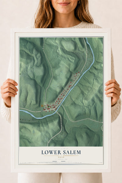 Map of Lower Salem, Ohio, 18 x 24 inch print in a white wood frame