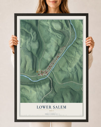 Map of Lower Salem, Ohio, 24 x 36 inch print in a black wood frame