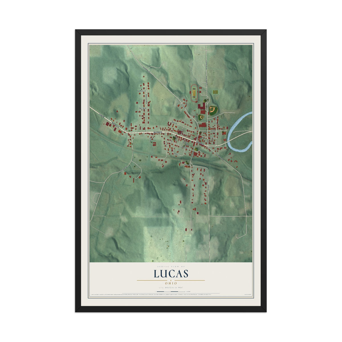 Map of Lucas, Ohio, 12 x 18 inch print in a black wood frame