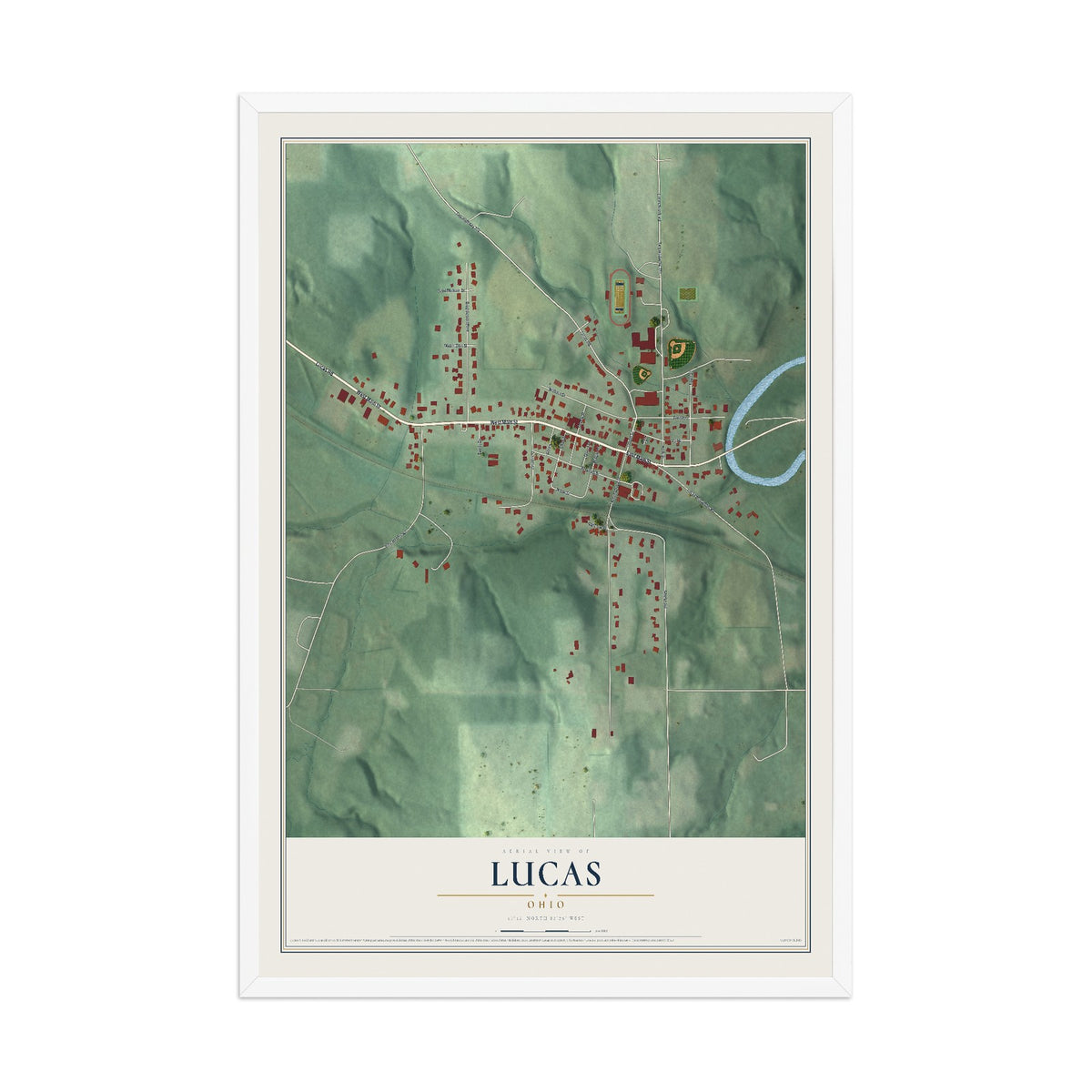 Map of Lucas, Ohio, 12 x 18 inch print in a white wood frame