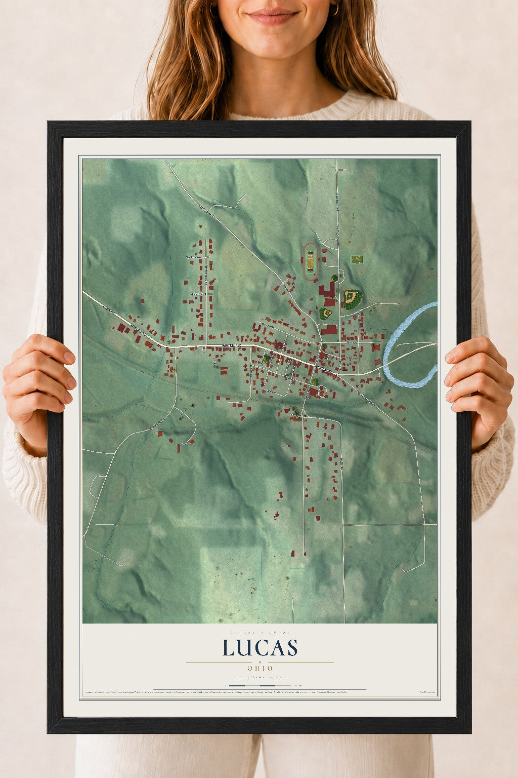 Map of Lucas, Ohio, 18 x 24 inch print in a black wood frame