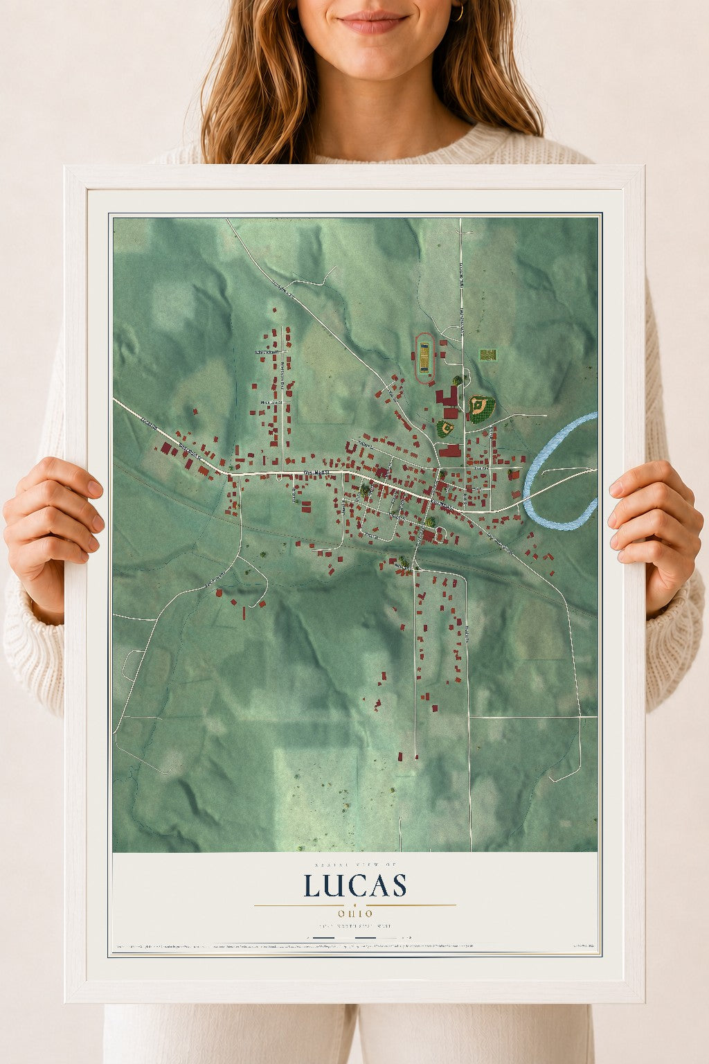 Map of Lucas, Ohio, 18 x 24 inch print in a white wood frame