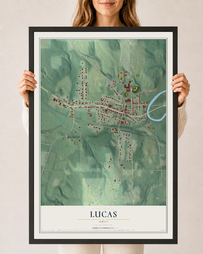 Map of Lucas, Ohio, 24 x 36 inch print in a black wood frame