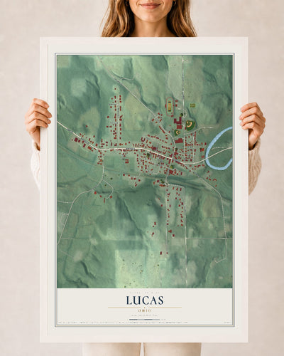 Map of Lucas, Ohio, 24 x 36 inch print in a white wood frame
