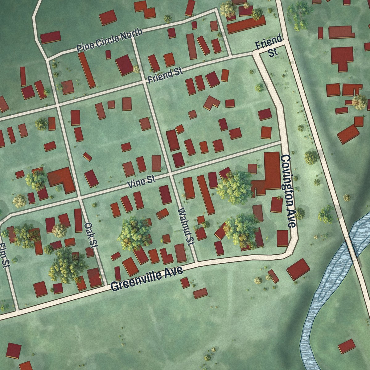 Close-up of the map of Ludlow Falls, Ohio print showing street and building detail