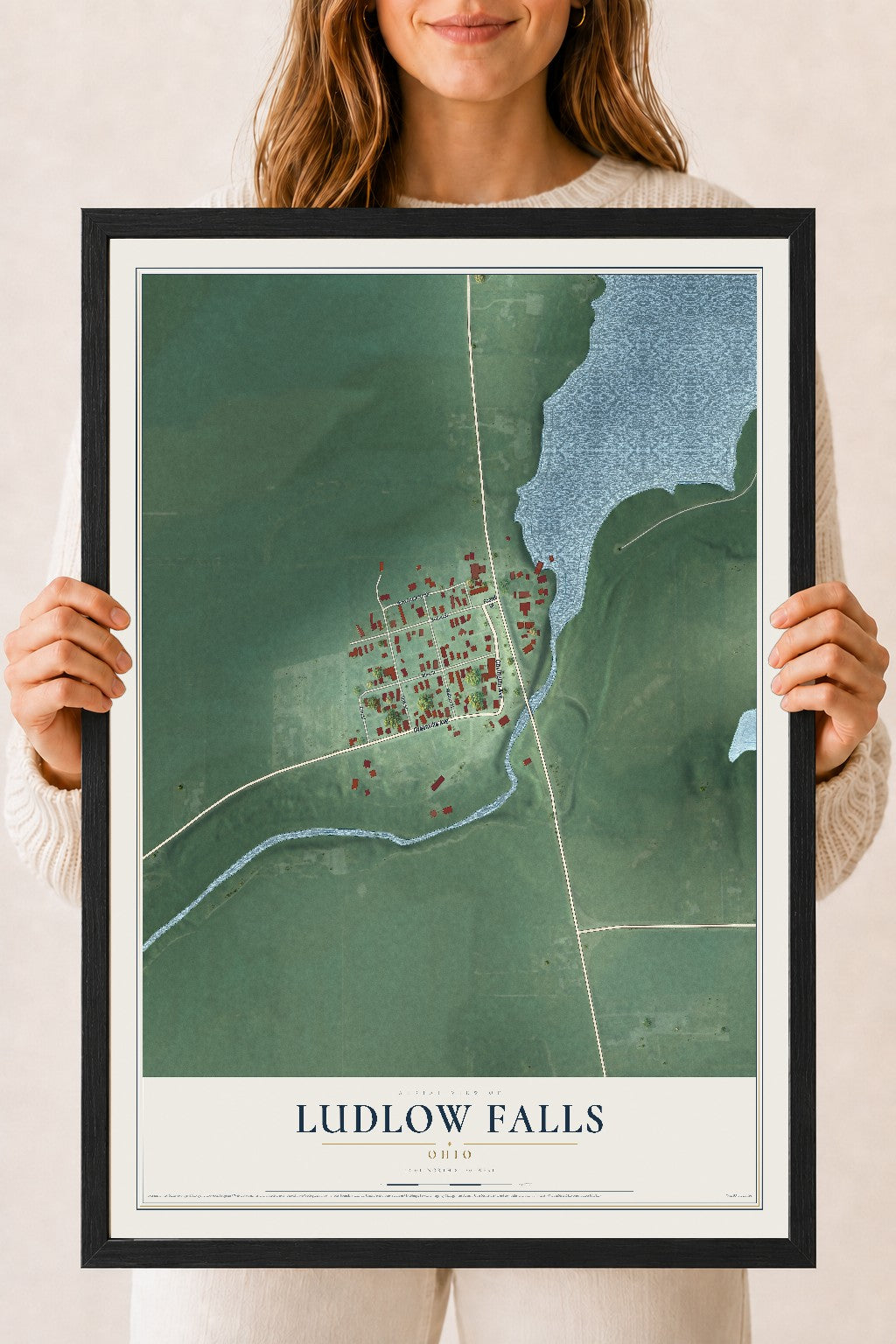Map of Ludlow Falls, Ohio, 18 x 24 inch print in a black wood frame