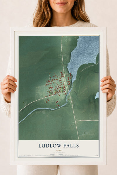 Map of Ludlow Falls, Ohio, 18 x 24 inch print in a white wood frame