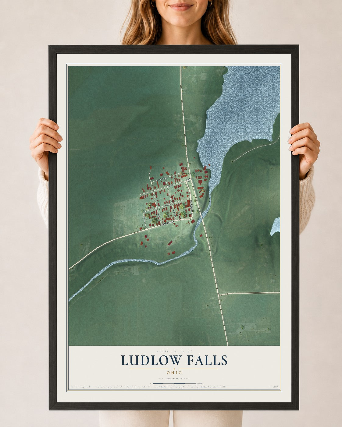 Map of Ludlow Falls, Ohio, 24 x 36 inch print in a black wood frame