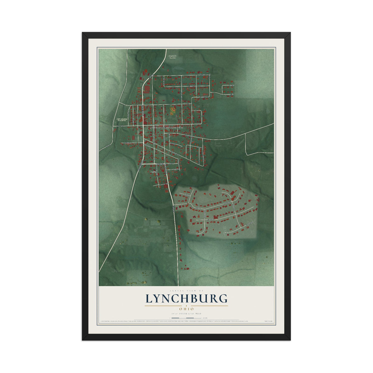 Map of Lynchburg, Ohio, 12 x 18 inch print in a black wood frame