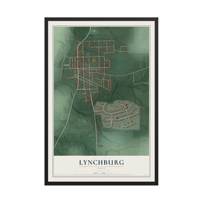Map of Lynchburg, Ohio, 12 x 18 inch print in a black wood frame