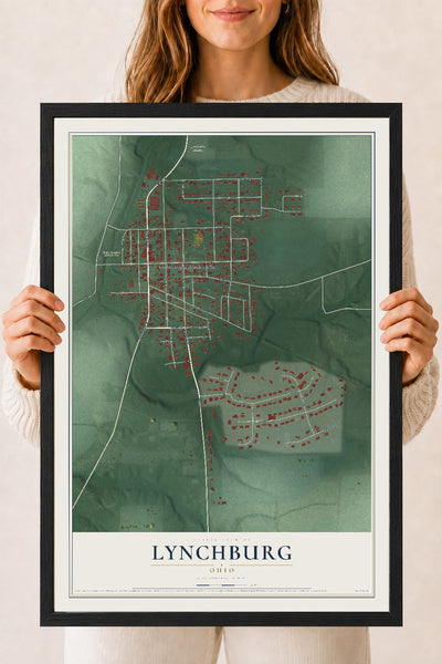 Map of Lynchburg, Ohio, 18 x 24 inch print in a black wood frame