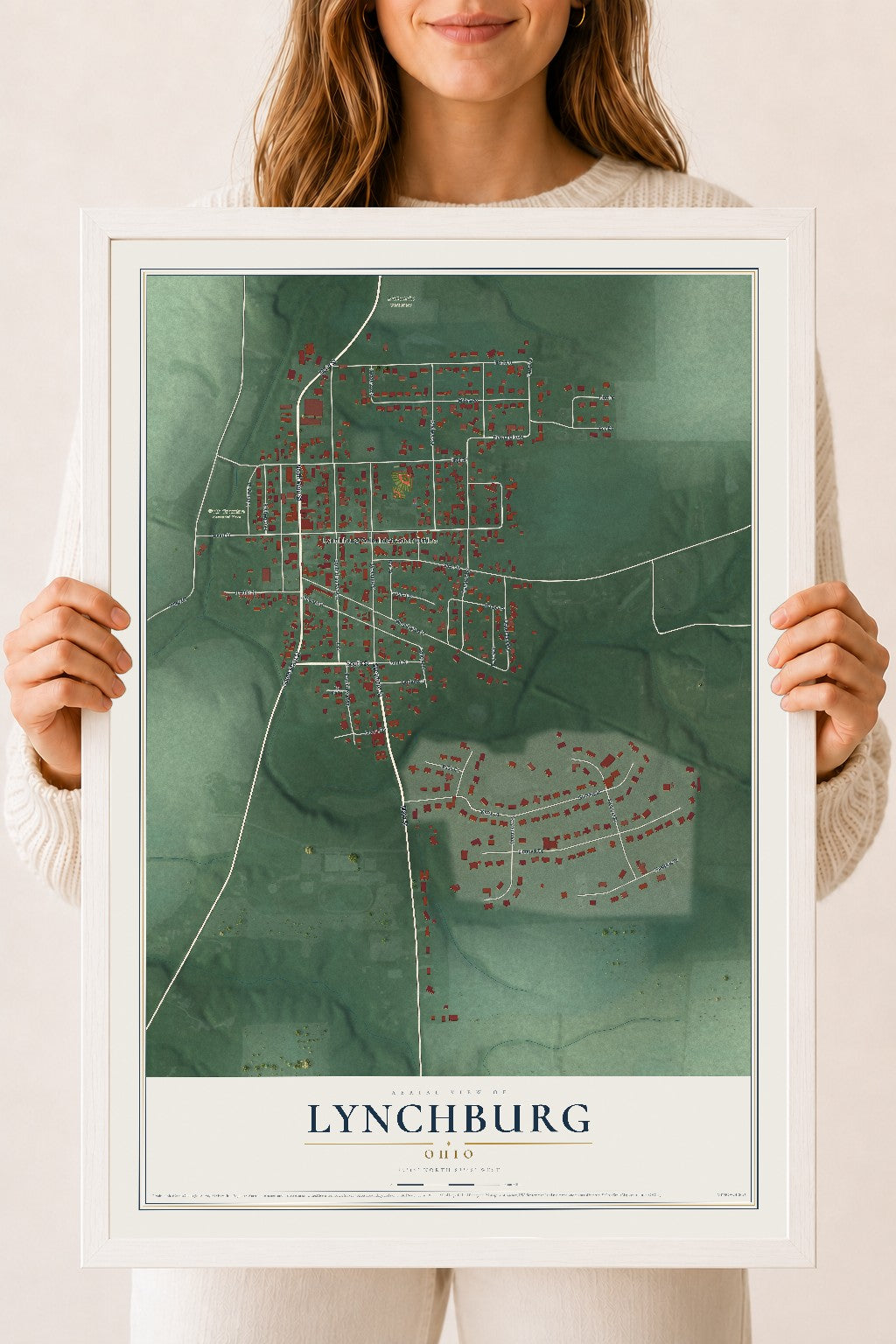 Map of Lynchburg, Ohio, 18 x 24 inch print in a white wood frame