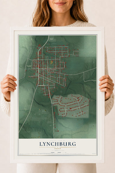 Map of Lynchburg, Ohio, 18 x 24 inch print in a white wood frame