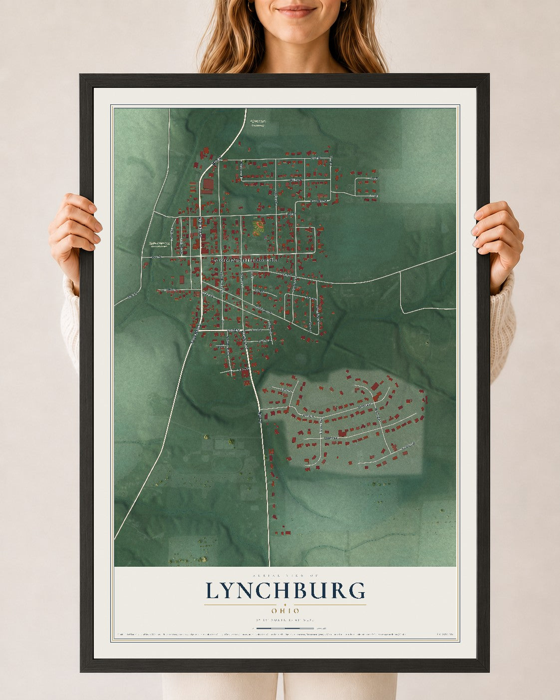 Map of Lynchburg, Ohio, 24 x 36 inch print in a black wood frame