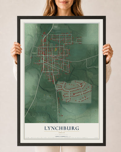 Map of Lynchburg, Ohio, 24 x 36 inch print in a black wood frame