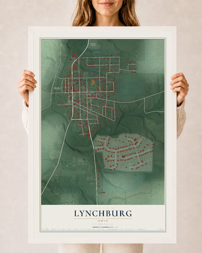 Map of Lynchburg, Ohio, 24 x 36 inch print in a white wood frame