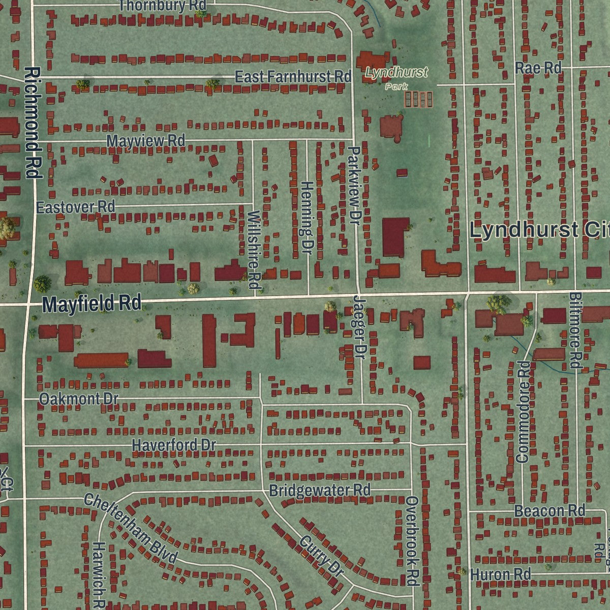 Close-up of the map of Lyndhurst, Ohio print showing street and building detail