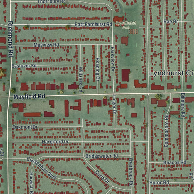 Close-up of the map of Lyndhurst, Ohio print showing street and building detail