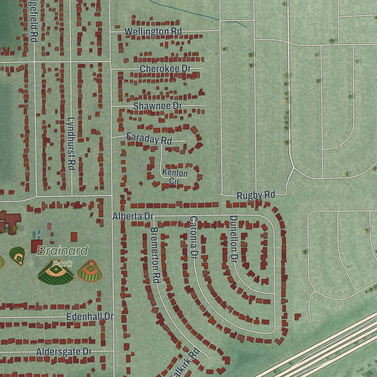 Second close-up of the map of Lyndhurst, Ohio print showing more streets and buildings