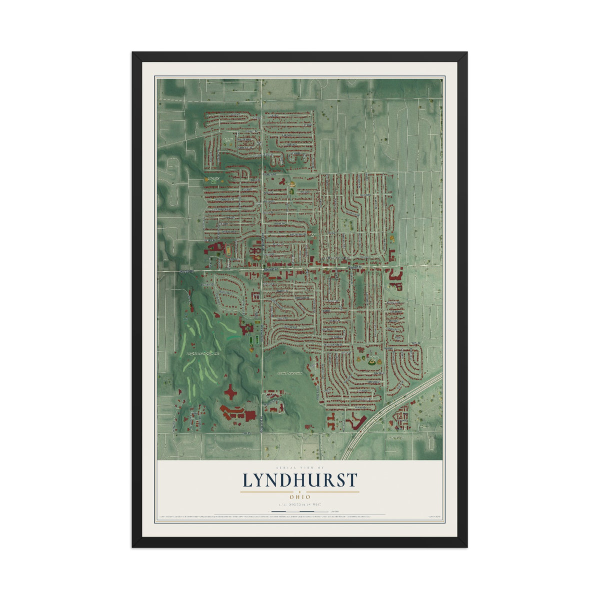Map of Lyndhurst, Ohio, 12 x 18 inch print in a black wood frame