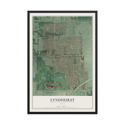 Map of Lyndhurst, Ohio, 12 x 18 inch print in a black wood frame