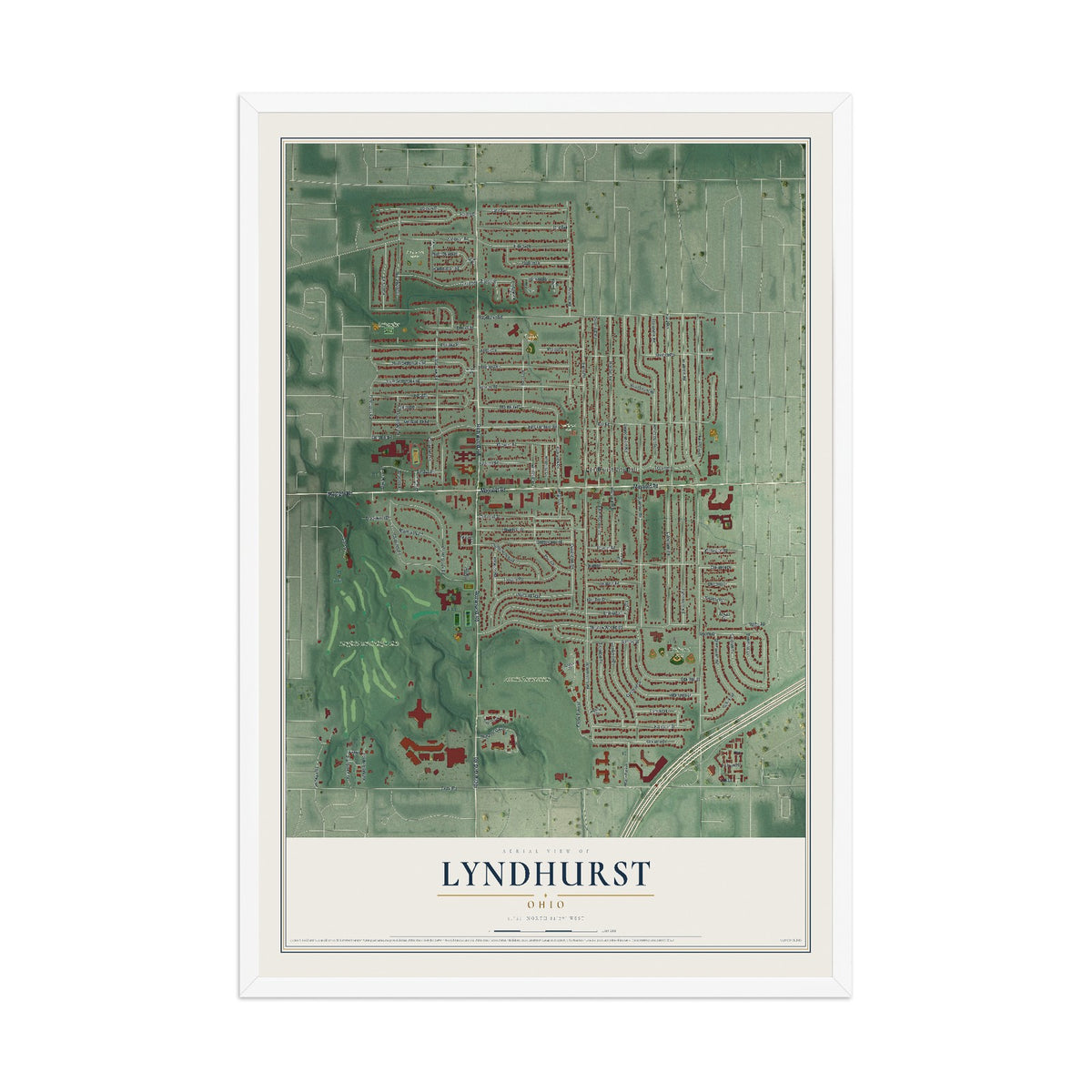 Map of Lyndhurst, Ohio, 12 x 18 inch print in a white wood frame
