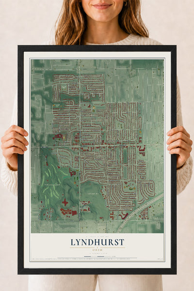 Map of Lyndhurst, Ohio, 18 x 24 inch print in a black wood frame
