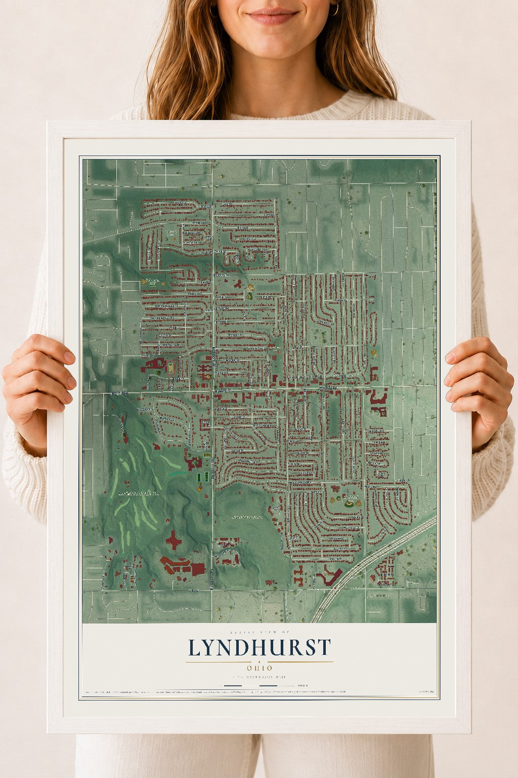 Map of Lyndhurst, Ohio, 18 x 24 inch print in a white wood frame