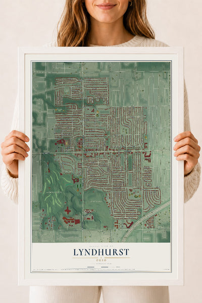 Map of Lyndhurst, Ohio, 18 x 24 inch print in a white wood frame