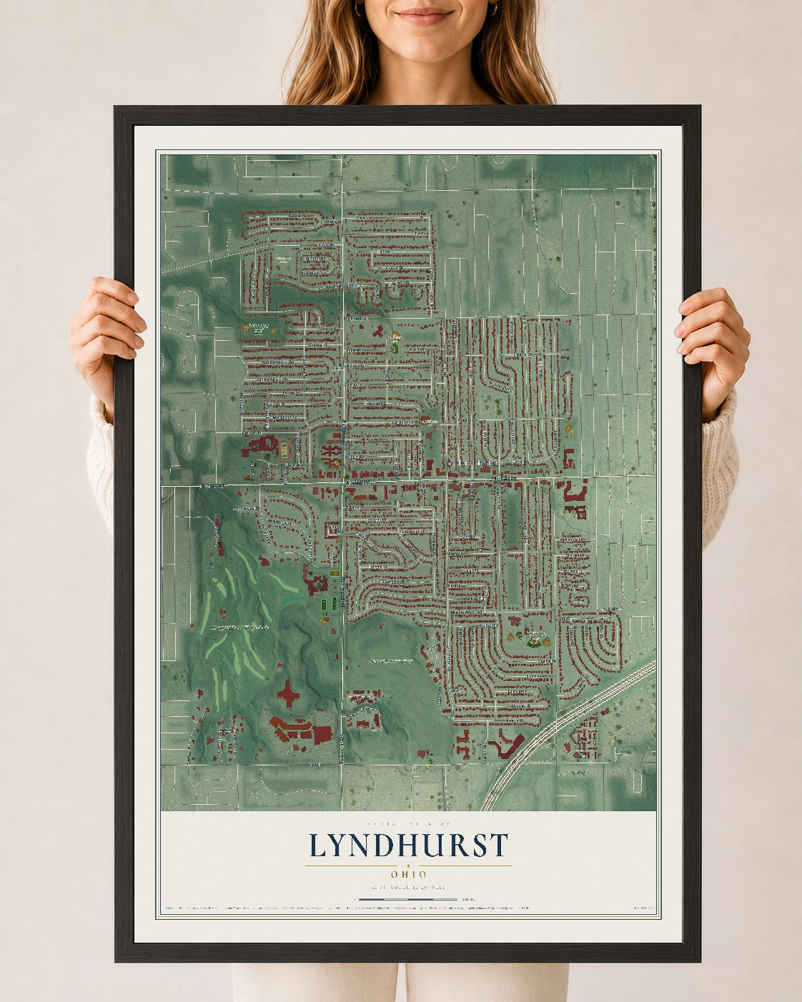 Map of Lyndhurst, Ohio, 24 x 36 inch print in a black wood frame