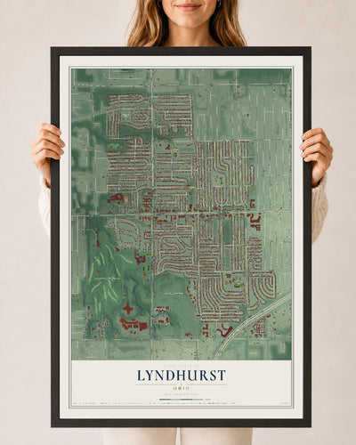 Map of Lyndhurst, Ohio, 24 x 36 inch print in a black wood frame