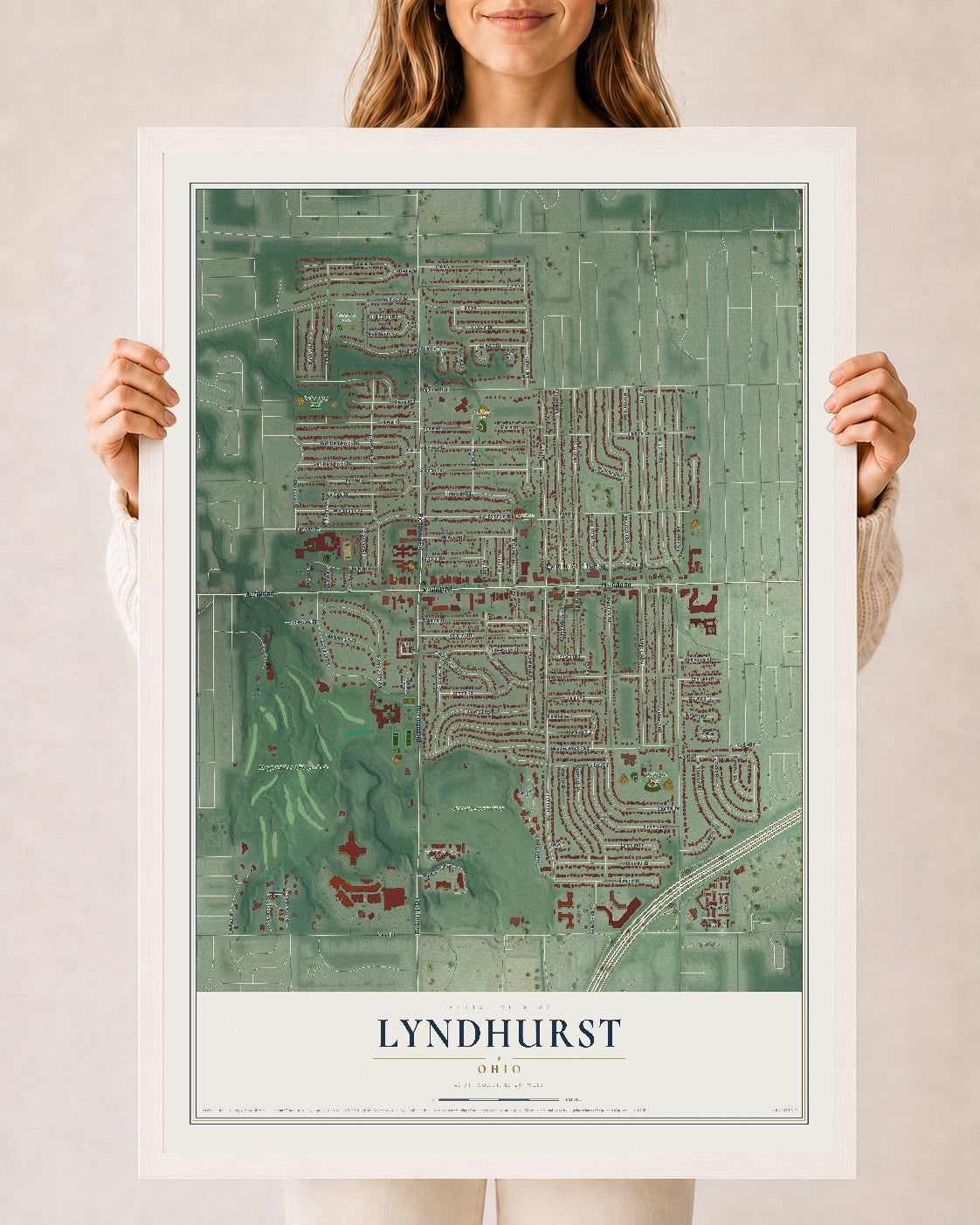 Map of Lyndhurst, Ohio, 24 x 36 inch print in a white wood frame