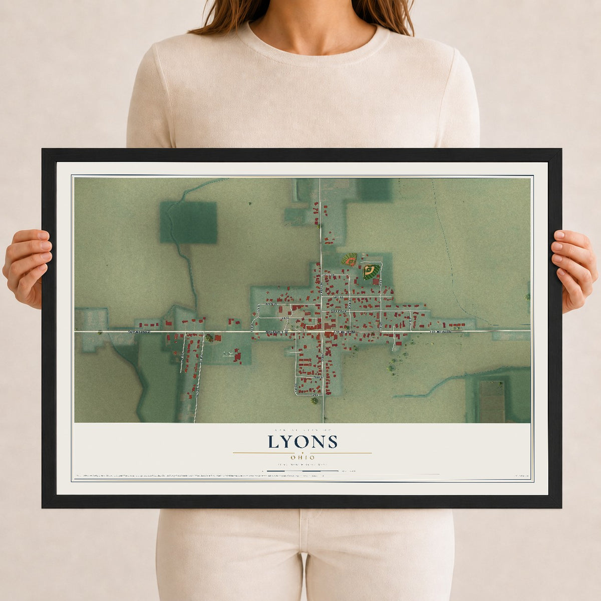 Map of Lyons, Ohio, 12 x 18 inch print in a black wood frame