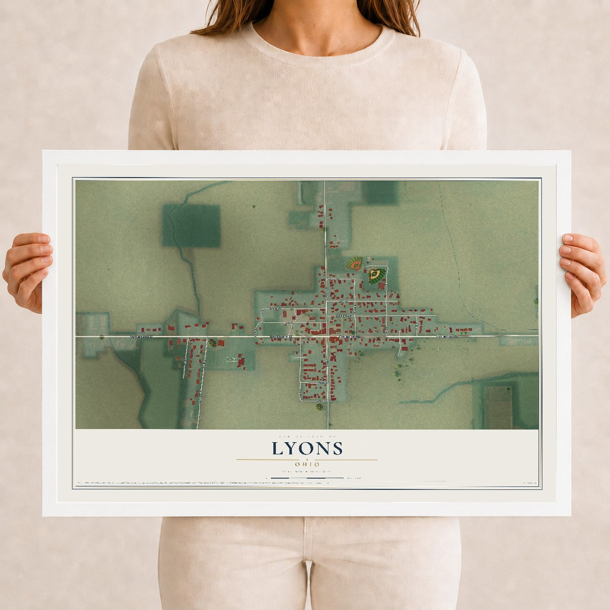 Map of Lyons, Ohio, 12 x 18 inch print in a white wood frame