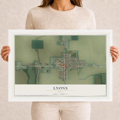 Map of Lyons, Ohio, 12 x 18 inch print in a white wood frame