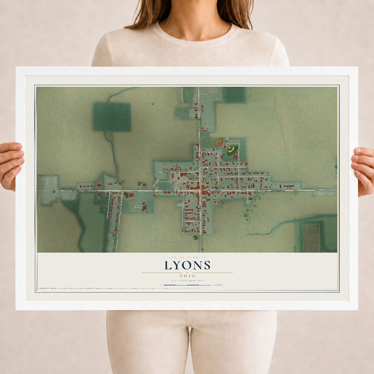 Map of Lyons, Ohio, 18 x 24 inch print in a white wood frame