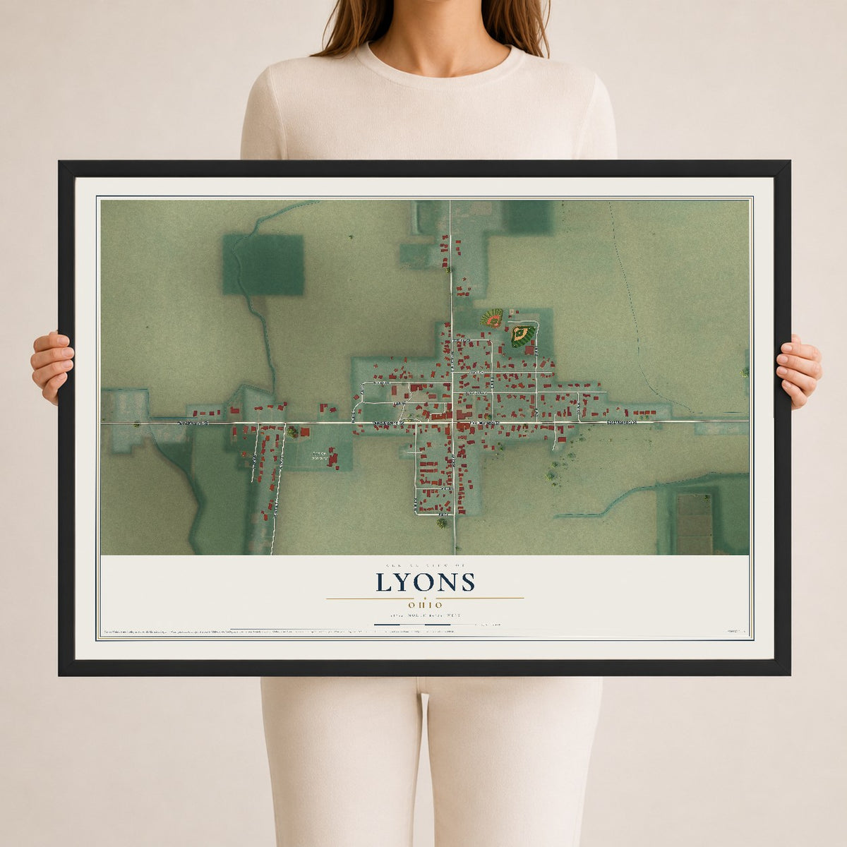 Map of Lyons, Ohio, 24 x 36 inch print in a black wood frame