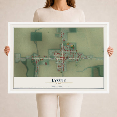 Map of Lyons, Ohio, 24 x 36 inch print in a white wood frame