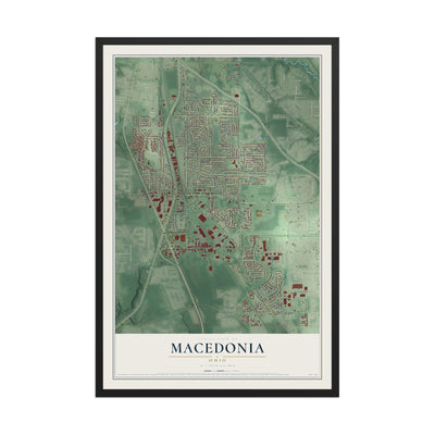 Map of Macedonia, Ohio, 12 x 18 inch print in a black wood frame