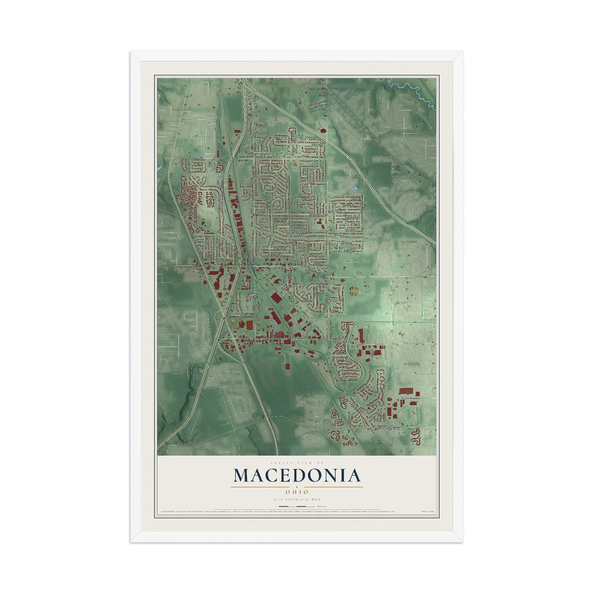 Map of Macedonia, Ohio, 12 x 18 inch print in a white wood frame