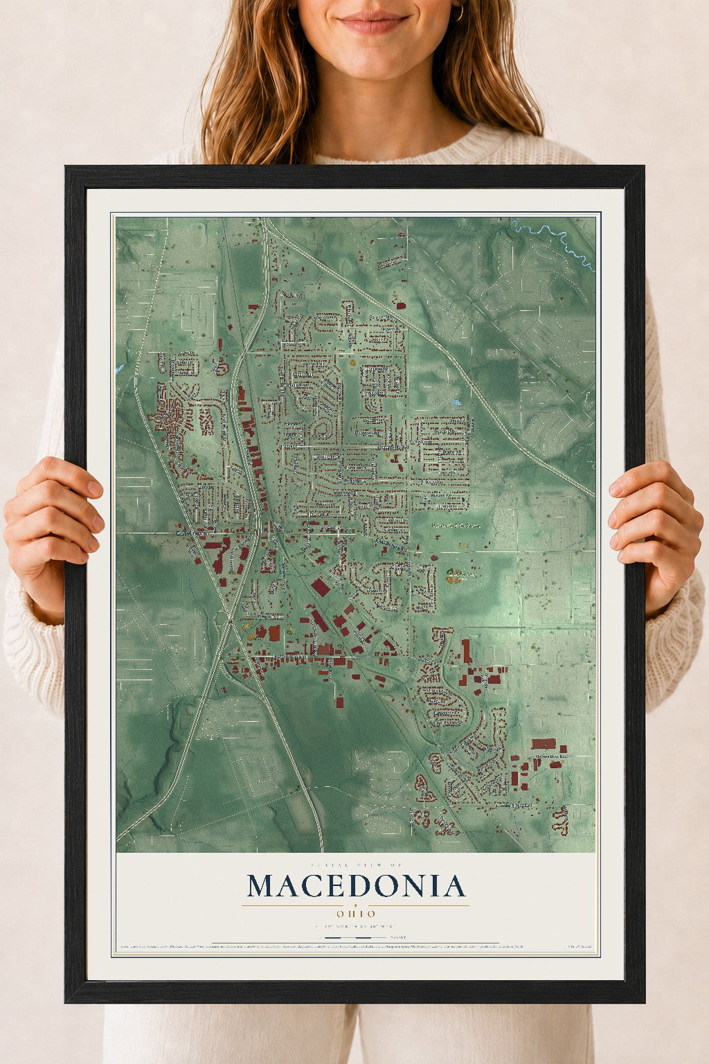 Map of Macedonia, Ohio, 18 x 24 inch print in a black wood frame
