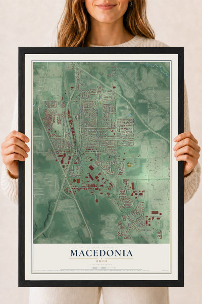 Map of Macedonia, Ohio, 18 x 24 inch print in a black wood frame