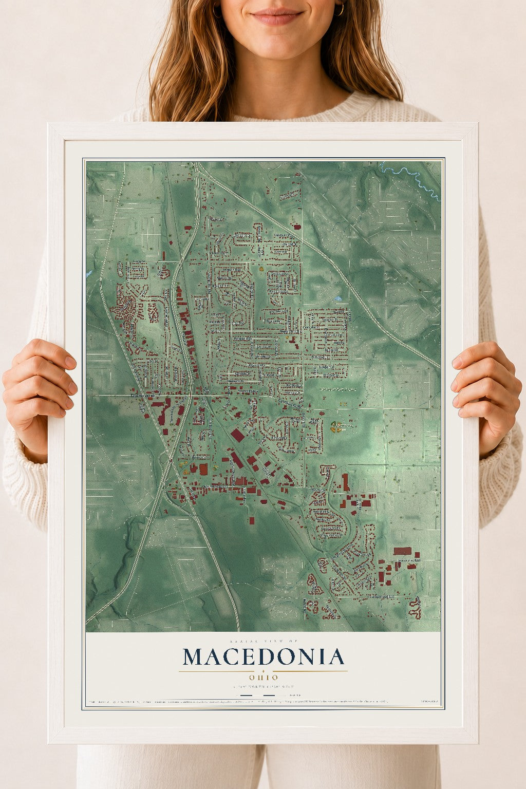 Map of Macedonia, Ohio, 18 x 24 inch print in a white wood frame