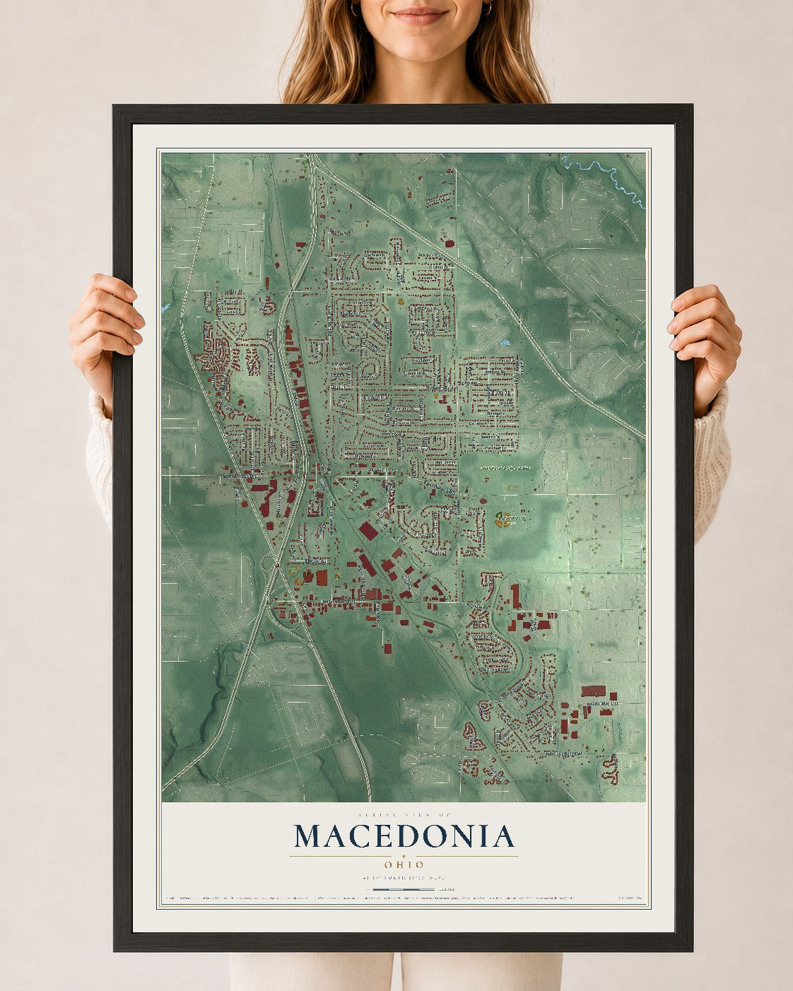 Map of Macedonia, Ohio, 24 x 36 inch print in a black wood frame