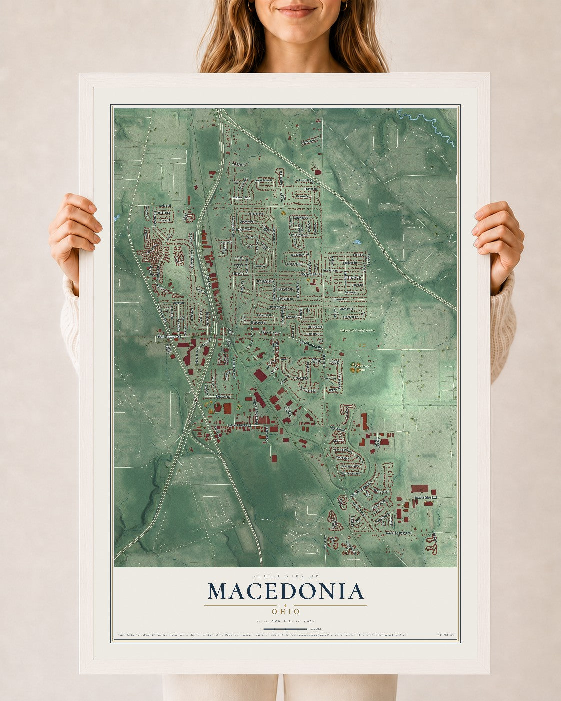Map of Macedonia, Ohio, 24 x 36 inch print in a white wood frame