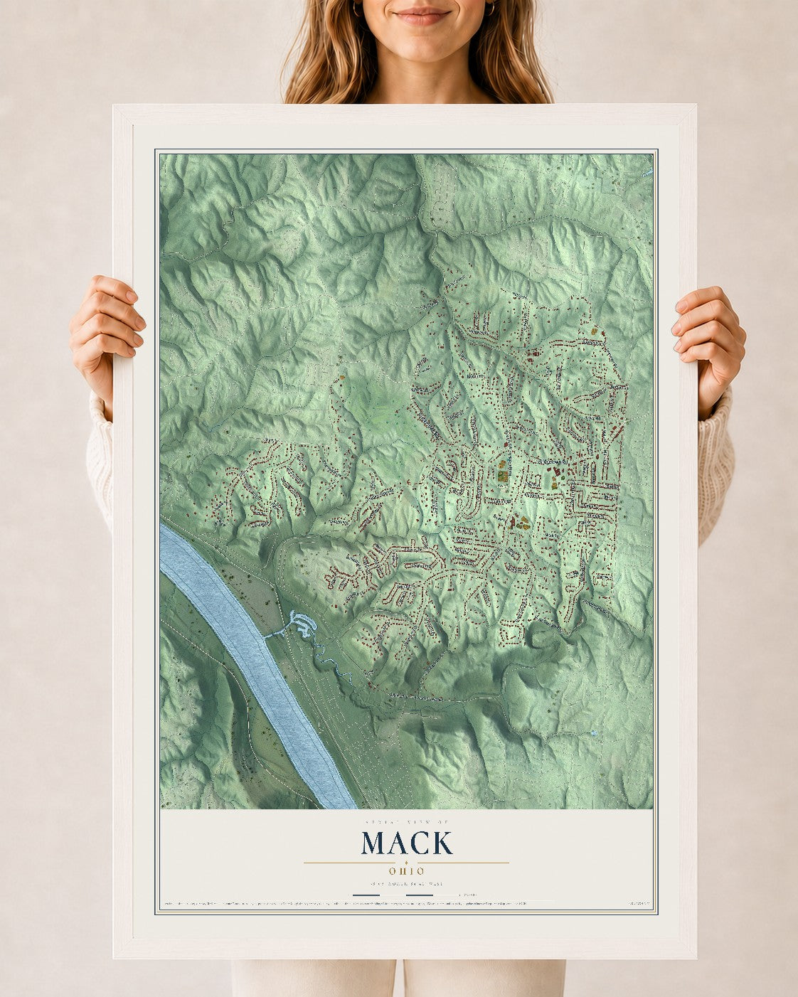Map of Mack, Ohio, 24 x 36 inch print in a white wood frame