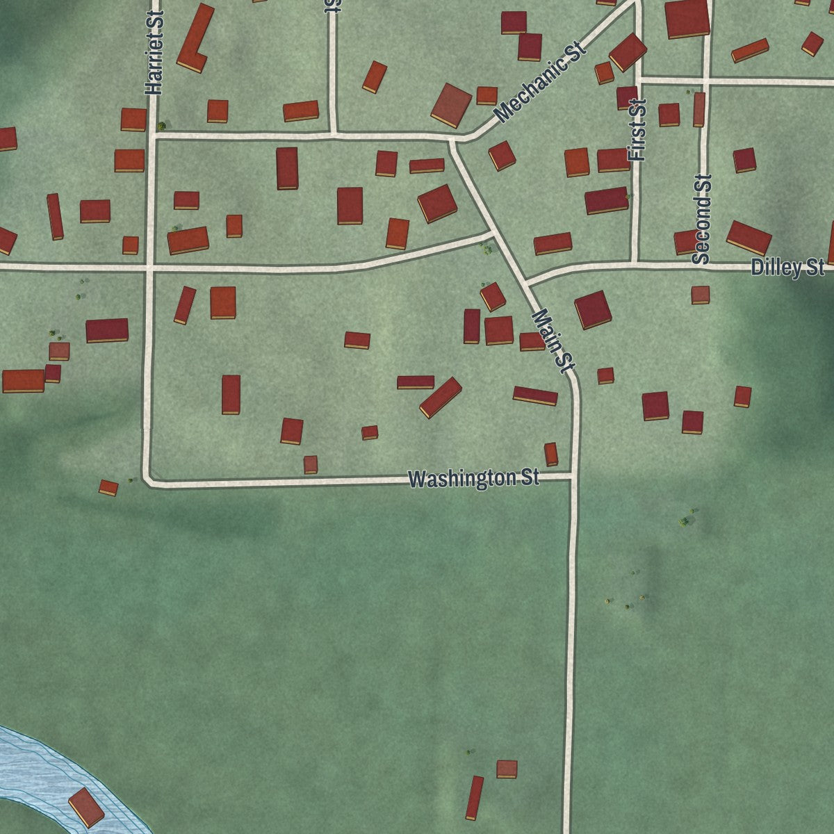 Second close-up of the map of Macksburg, Ohio print showing more streets and buildings