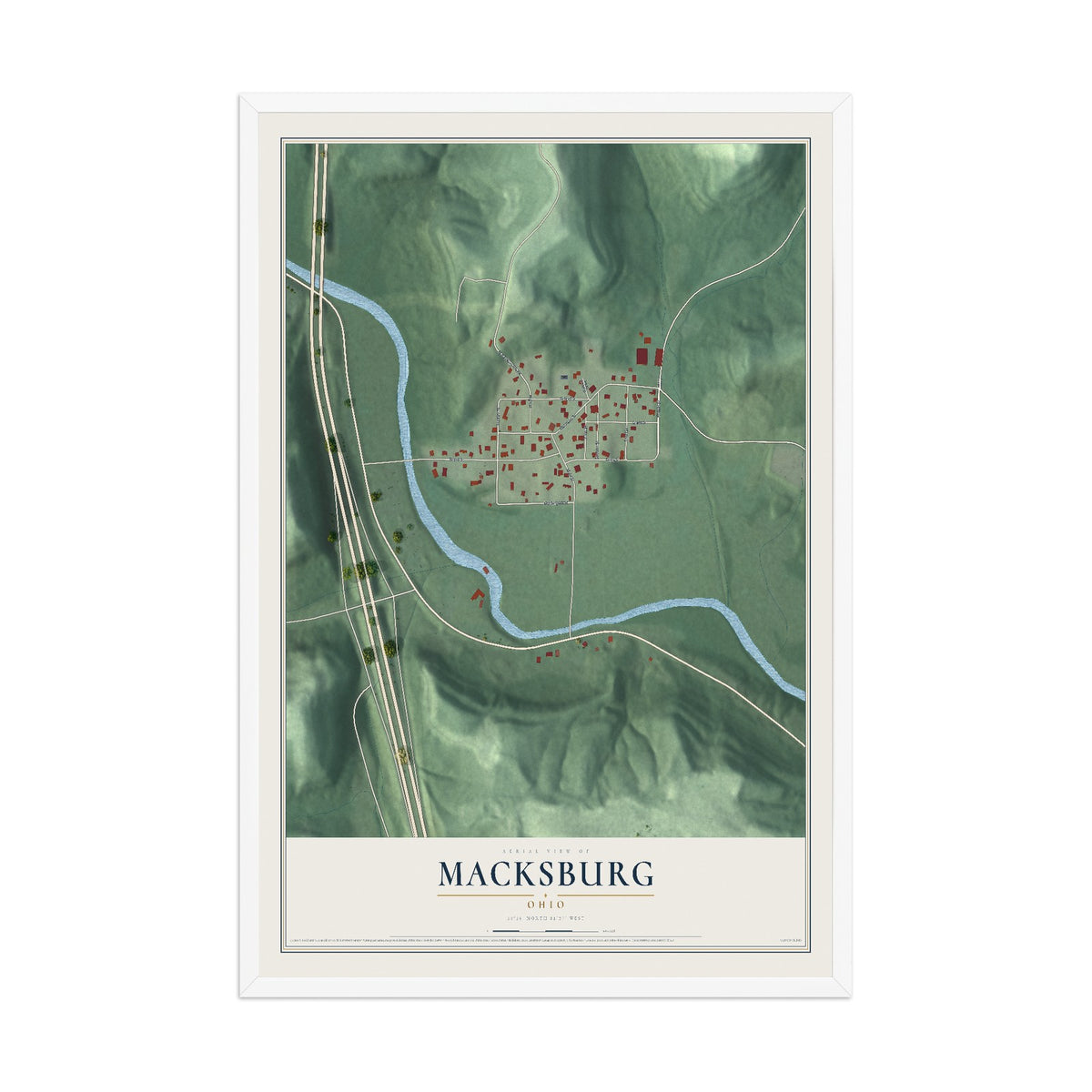 Map of Macksburg, Ohio, 12 x 18 inch print in a white wood frame