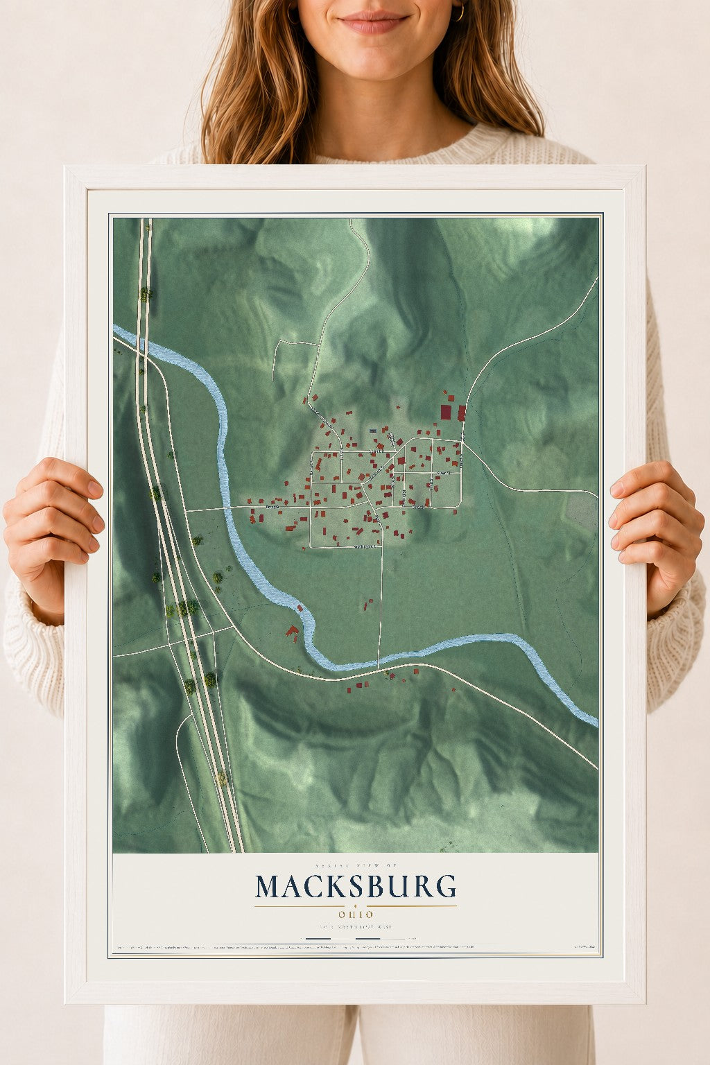 Map of Macksburg, Ohio, 18 x 24 inch print in a white wood frame